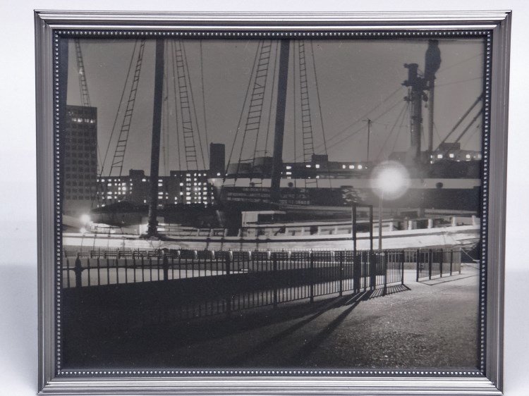 Al Macy Photograph: Vintage C. 1950's Al Macy photograph, dockside at night. Estate stamp verso. 8" x 10".
