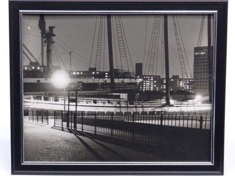 Al Macy Photograph: Vintage C. 1950's Al Macy photograph N.Y.C. dockside at night. Estate stamp verso. 8" x 10".