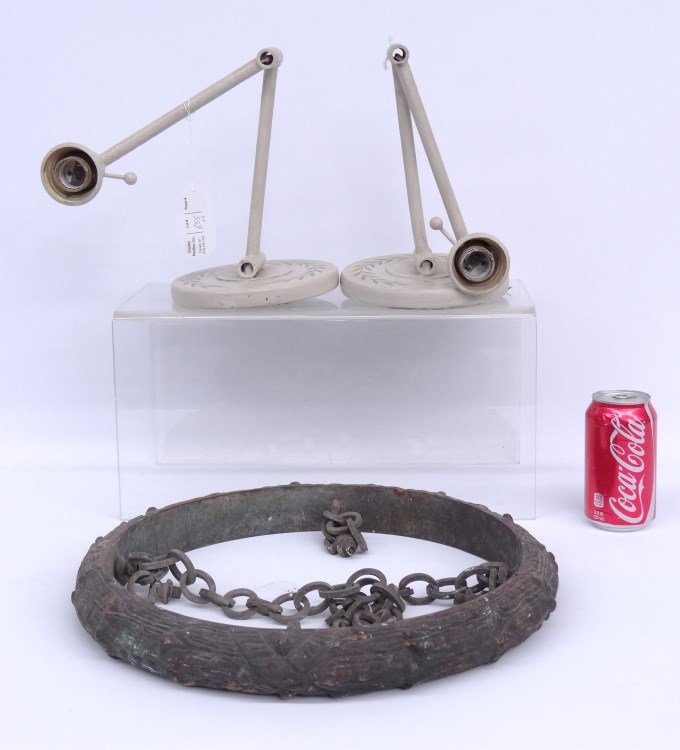 Cast Iron Wreath: Cast iron hanging wreath (15" diameter), along with two plaster painted sconces.