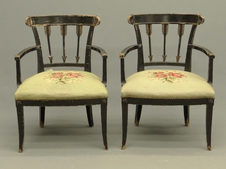 Pair Decorative Armchairs: Pair painted needlepoint seat decorative armchairs. 18" seat Ht., 33" overall Ht.