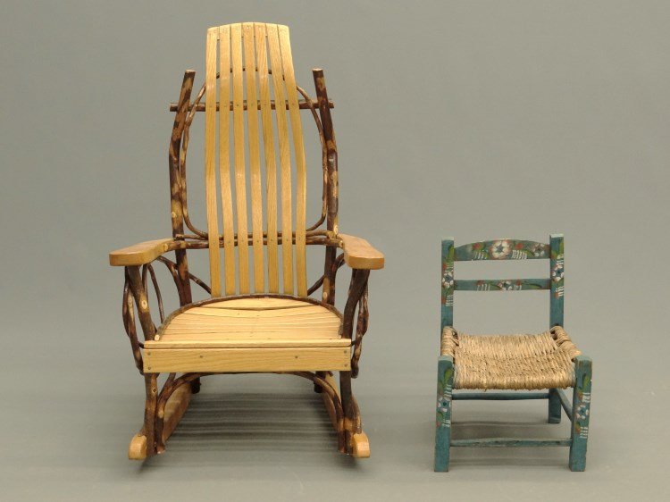 Children's Chairs: Lot including child's Adirondack chair and painted rush seat chair.