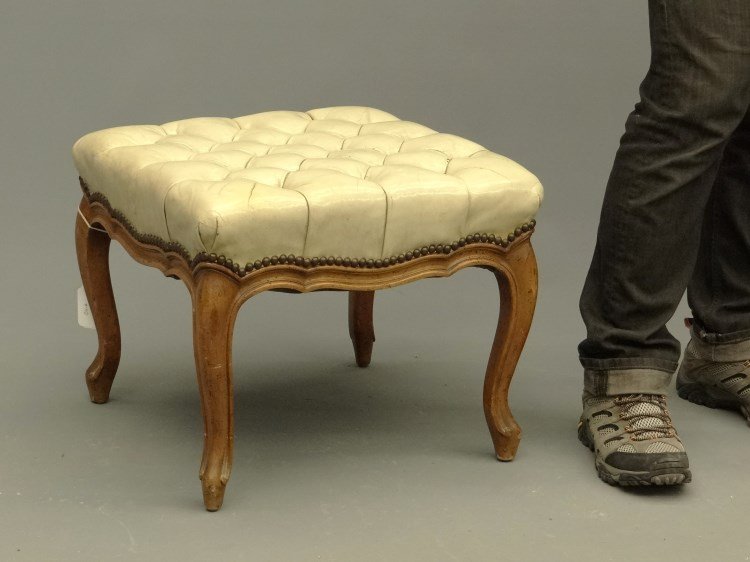 French Stool: French upholstered footstool (tufted seat). 19" x 19" x 16" Ht.