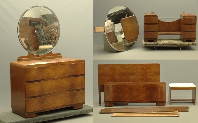Art Deco Bedroom Set: Art Deco bedroom set consisting of vanity with mirror and stool, bed and dresser with mirror.