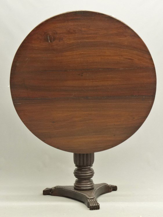 Tilt Top Mahogany Breakfast Table: Portuguese tilt top mahogany breakfast table. Top 42" diameter, 31 1/2" Ht.