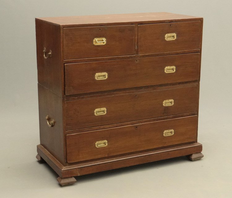 Campaign Chest Of Drawers: British Colonial style two part Campaign chest of drawer with side handles and inset brass pulls. 40 1/2" x 19 1/2" x 40 1/2" Ht.