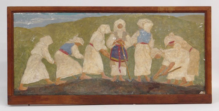 Plaster Sculpture: Plaster sculpture women farming field. Signed illegibly LRC "R.E. W...", sight 15" x 35". Has chip LRC.