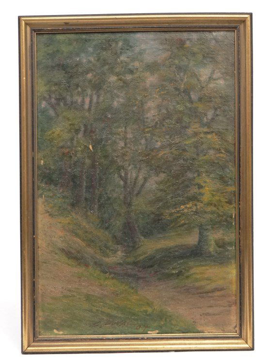 Painting Charles Duvall: Painting oil on canvas wooded landscape signed "C. Duvall '04" (Ohio 1864-1966), sight 17 1/2" x 11 1/2". Some chipping base of canvas.