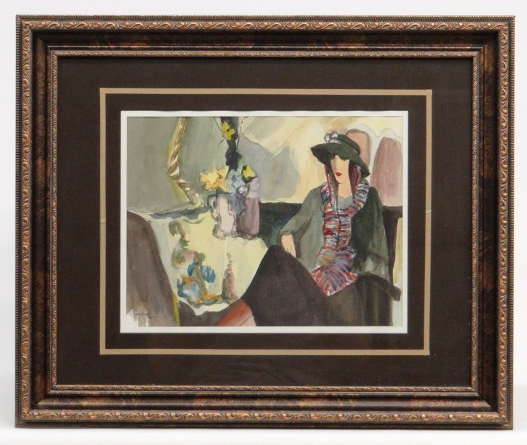 Watercolor Itzchak Tarkay: Watercolor women seated with scarf signed "Tarkay" (Itzchak Tarkay Serbia/Israel 1935-2012). Sight 10 1/2" x 13 1/2".