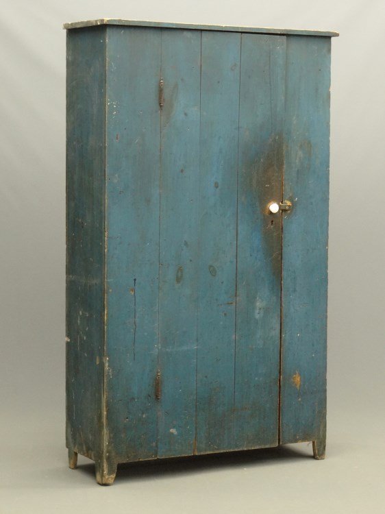 19th c. Wall Cupboard: 19th c. single door wall cupboard in original blue paint. 44" x 15 1/2" x 76" Ht.