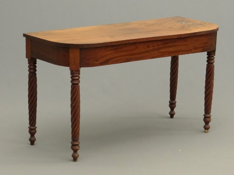 19th c. Sheraton Consol Table: 19th c. "D" shaped mahogany Sheraton consol table having twist turned legs. 48" x 19 1/2" x 27 1/2" Ht. Provenance: Hudson N.Y. Home For The Aged.