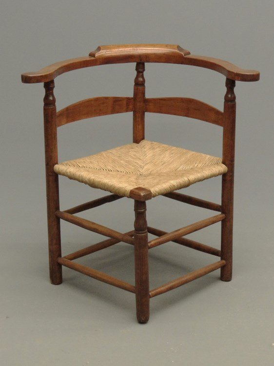 19th c. Corner Chair: 19th c. corner chair with rush seat. 17" seat Ht., 29 3/4" pillow back Ht.