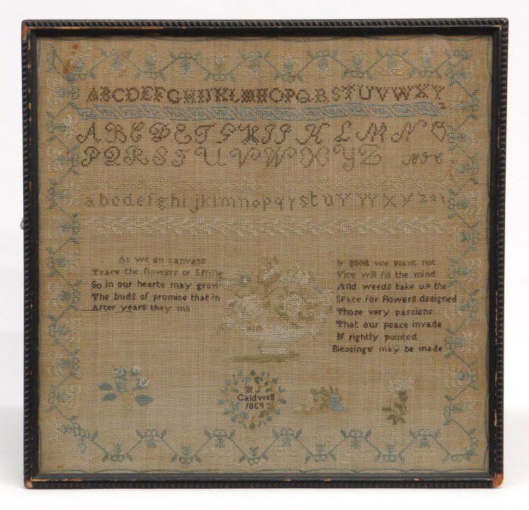 19th c. Sampler: 19th c. sampler "Caldwell 1839?" Frame 18" x 18 1/2". Provenance: Hudson N.Y. Home For The Aged.
