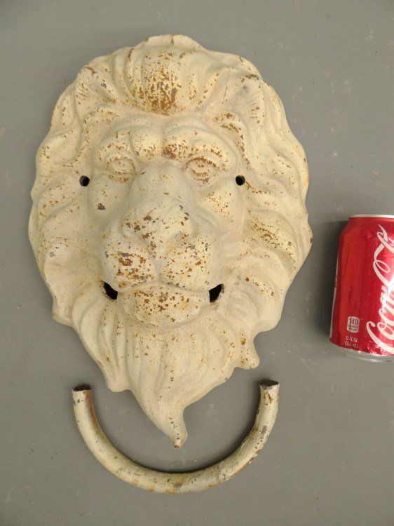 Cast Iron Lion Head: Cast iron lion head element. 14" Ht. Has half of ring.