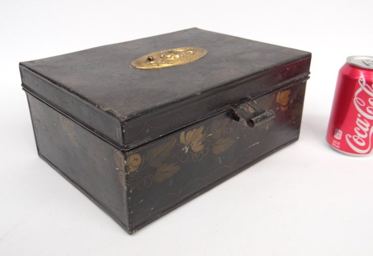 Tole Decorated Box: 19th c. tole decorated tin document box, back painted with poem. 11 1/2" x 8 1/2" x 5".