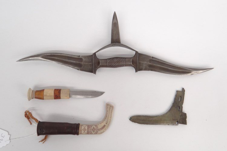 Knife and Weapon Lot: Swedish knife scrimshaw bone and leather sheath, wood and bone handle (knife 7 3/4" L.), Stone "L" shaped cutting device 5 3/4" x 4", replica steel weapon with three blades 21" x 7".