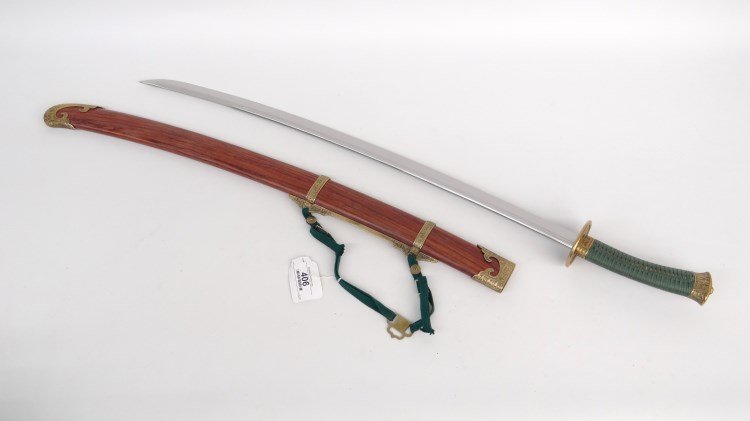 Replica Chinese Dao Sword: Replica Chinese Dao (7 Stars Trading Co.) steel curved blade and handle, cast brass accoutrements, brass and rosewood scabbard. 37 1/4" L.