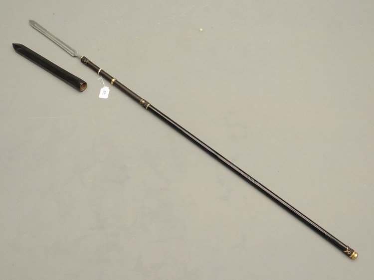 Replica Japanese Spear: Replica Japanese style spear (7 Stars Trading Co.) shaped steel head, ebonized shaft with cast accoutrements. 79" L.