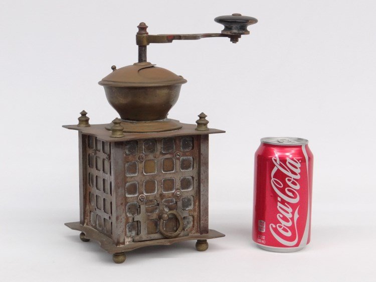 Early Brass Coffee Grinder: Early brass coffee grinder. 5 1/2" x 5 1/2" x 10" Ht.