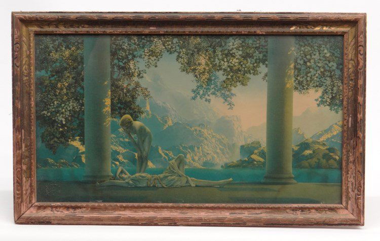 Maxfield Parrish Daybreak Print: Vintage Maxfield Parrish Daybreak print. Sight 9 1/2" x 17 1/2". Marked LLC "The House Of Art N.Y." Slight water damage LRC. Labeled verso.