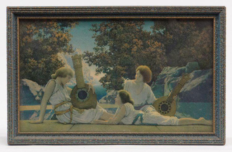 Maxfield Parrish Lute Players Print: Vintage Maxfield Parrish Lute Players print. Sight 5 1/2" x 9 1/2". Labeled verso.