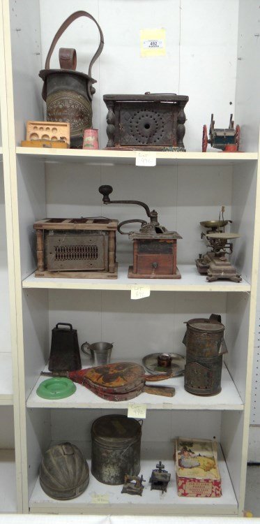 Primitive Lot: Misc. primitive lot including marked leather carrier, bedwarmers, tinware, toleware etc.