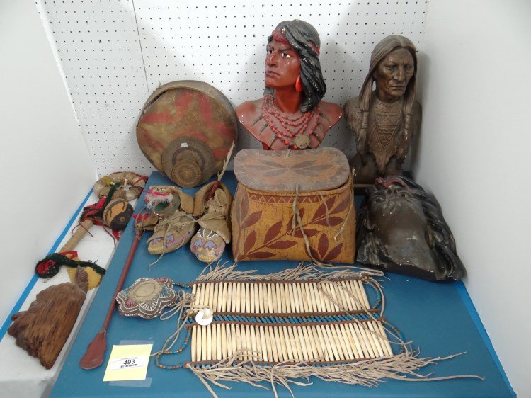 Native American Lot: Native American related lot including chalkware/composition busts, moccasins, rattle, beadwork, woven mats etc.