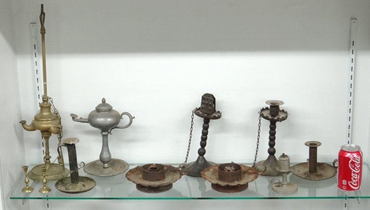 Lighting Lot: Lot including pewter and brass oil lamps (4" to 20 1/2" Ht.), miniature candlesticks and candlesticks.