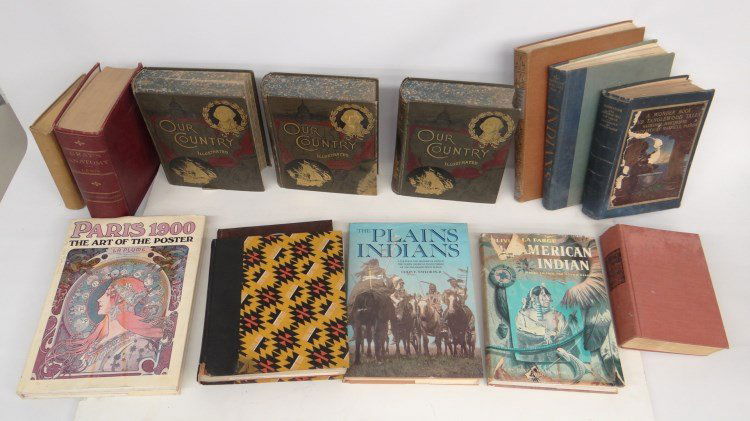 Book Lot: Book lot including "Indians", "Plains Indians", "Paris 1900", three volumes "Our Country", Maxfield Parrish "A Wonder Book And Tanglewood Tales" etc.
