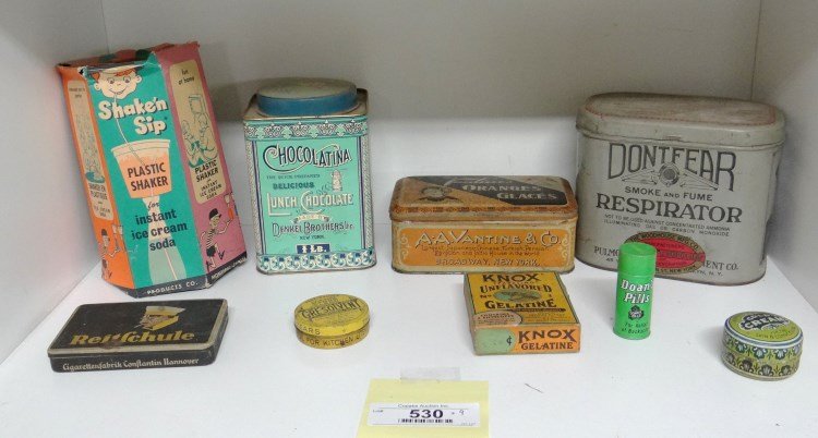 Advertising Tins Lot: Lot of nine pieces misc. advertising etc. including "Dont Fear...Respirator", "Reitfchule", "Oranges Glaces", "Knox...Gelatine" (cardboard), etc.
