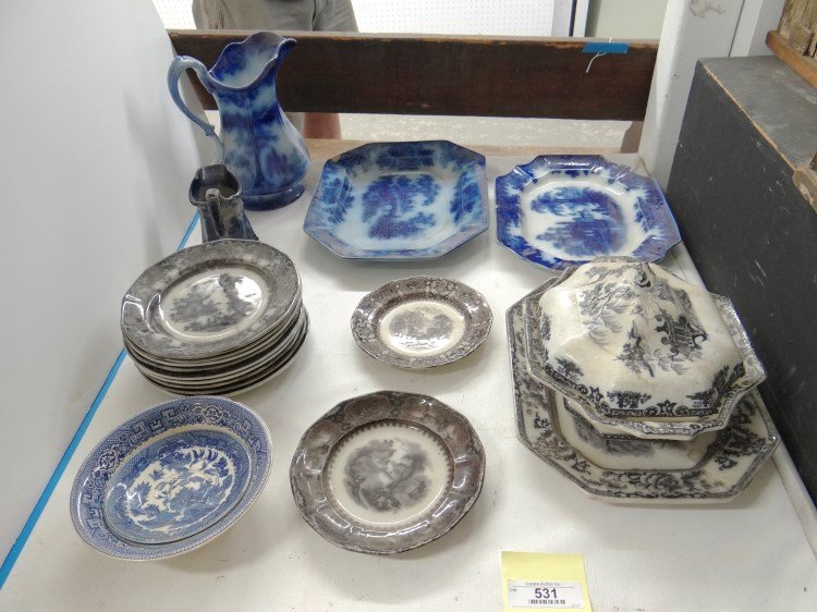 Ironstone Lot: Lot of 19th c. ironstone including nine 9" "Corean" plates (two have lines), along with "Cypress" plattter and dish with lid (chipped), "Troy" pitcher, etc.