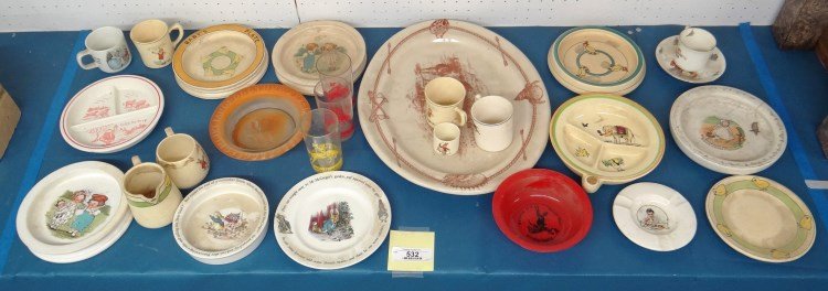 Misc. Lot: Misc. lot including child's warming dishes (Buffalo Pottery, Etruria, Moxie ashtray etc. Imperfections.