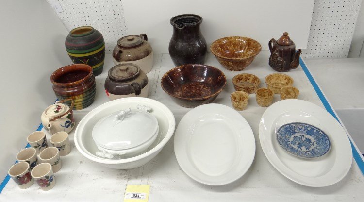 Misc. Lot: Misc. ot including Rockingham glaze bowls, brownware pitcher, ironstone, Asian plate, crocks etc.