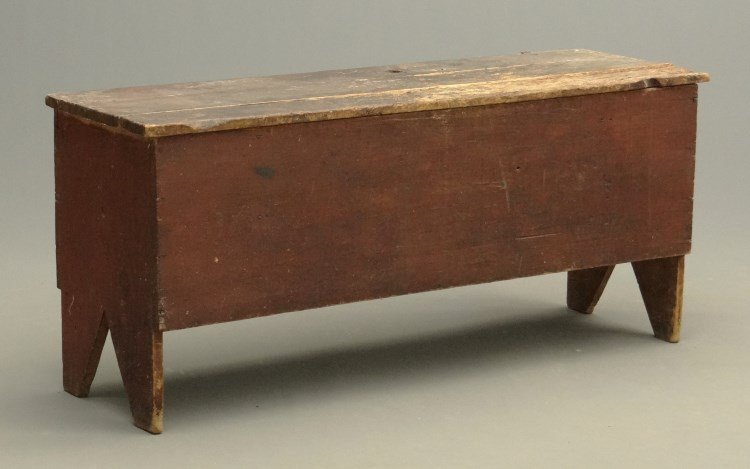 19th c. Blanket Box: 19th c. bootjack base cutout blanket box in original red paint. 56 1/2" x 17"x 24" Ht. Lid off and split in two.