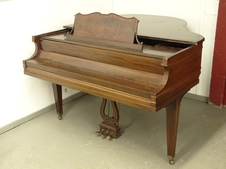 Piano: Baby grand piano with stool. Hamilton (soundboard marked "A Product Of Baldwin").