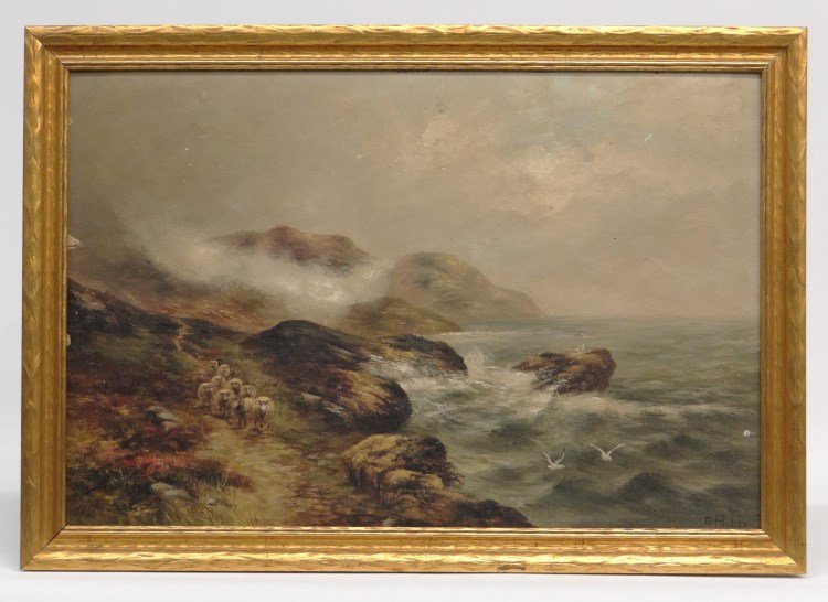 Painting: Painting oil on artist board of a seascape with sheep, signed "G. Philip" 16" x 24". Provenance: Hudson N.Y. Home For The Aged.