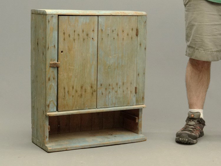 Wall Cupboard: 19th c. primitive hanging cupboard in original blue paint. 22 1/2" x 9" x 26" Ht.