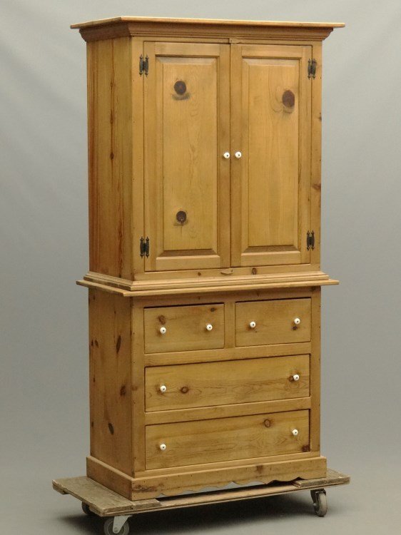 Pine Linen Press: Contemporary pine two part linen press. 38" x 21" x 75" Ht.