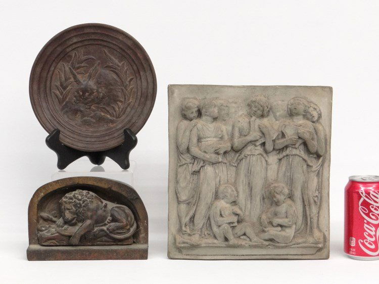 Misc. Lot: Misc. lot including Lion Monument of Lucerne iron doorstop (7" length, 5" Ht), iron rabbit plate (7 1/2" diameter), plaster Classical style freeze (10" x 10 1/2" Ht.).