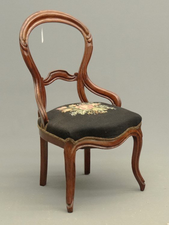 Victorian Chair: Victorian needlepoint seat chair. 16" seat Ht., 34" overall Ht.