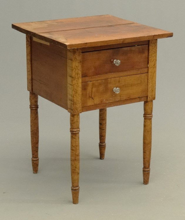 19th c. Stand: 19th c. country Sheraton two drawer work stand with birdseye maple legs. 20" x 19 1/2" x 27 1/2" Ht. Provenance: Hudson N.Y. Home For The Aged.