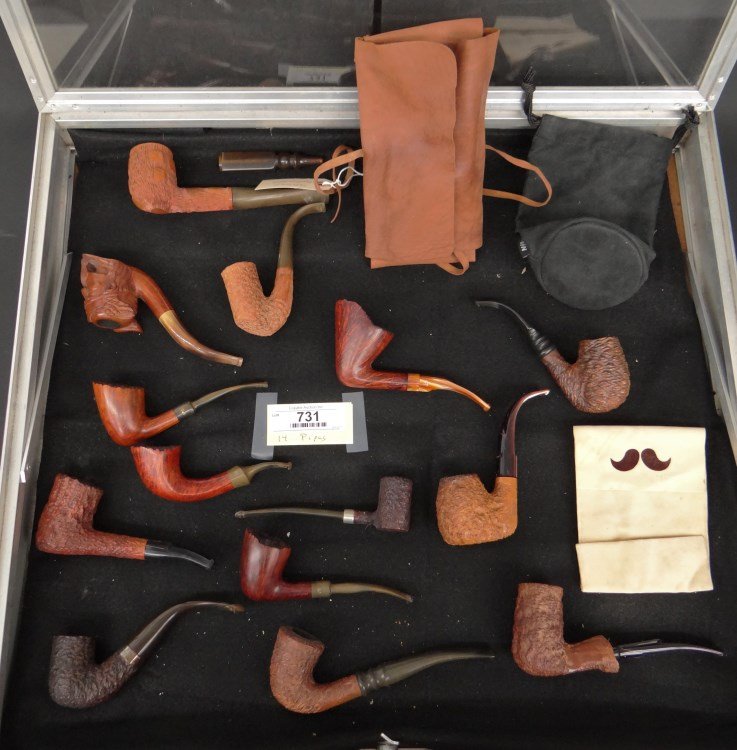 Pipe Lot: Pipe lot (14) including figural "Viking" St Clalee, "Goliath" (Israel), Dialite "Alpha", "Connoisseur" NYC, "Estella" (Italy), "339" (Ireland), Peterson "Tankard" (Ireland), (2) Caminetto "Business", 