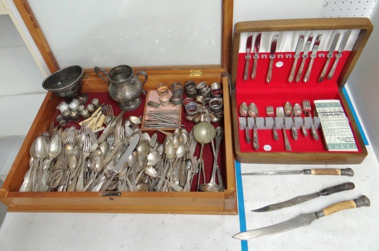 Silver Plate Flatware Lot: Large lot of misc. silver plate flatware and serving pieces. Provenance: Hudson N.Y. Home For The Aged.