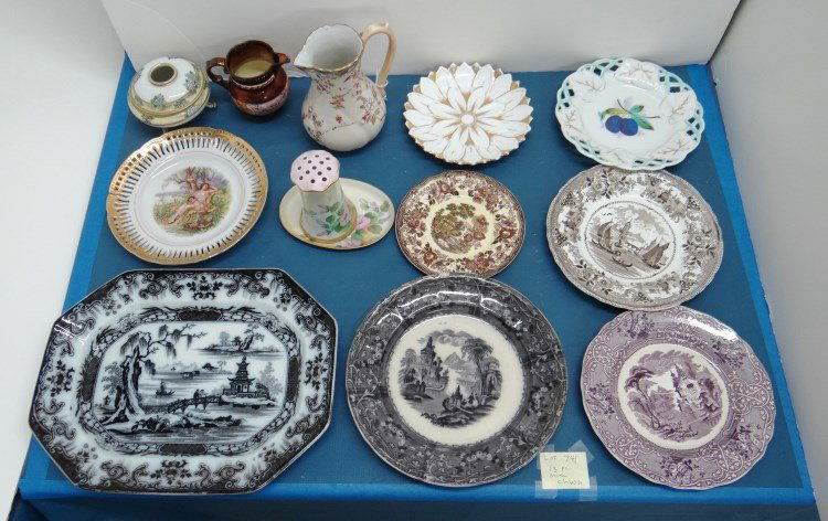 China Lot: Assorted china lot including Clarice Cliff "Tonquin" 6 1/4" dish, RS Germany hat pin holder, Nippon hair receiver, assorted Mulberry transferware "Rhone Scenery", "Ruselle", "Gondola" and more. 13 pie