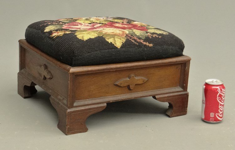 19th c. Footstool: Early 19th c. footstool with needlepoint cushion. 15" x 16" x 10" Ht. Provenance: Hudson N.Y. Home For The Aged.