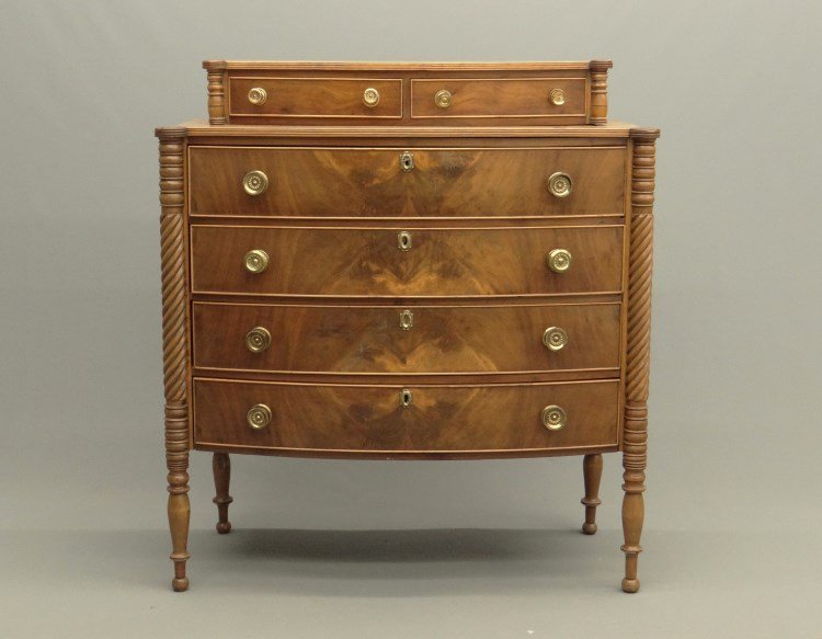 19th c. Sheraton Chest Of Drawers: 19th c. Sheraton mahogany six drawer chest with high turned feet, twisted columns, cock beaded drawers. 43" x 19 1/2" x 47 1/2" Ht.