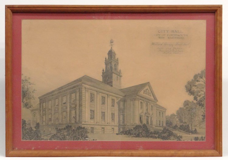 Architectural Drawing: Architectural drawing "City Hall City Of Portsmouth New Hampshire Willard Emery Architect Smith and Walker Associated Architects Boston Mass", signed LRC "Edgar F.P Walker Del.", sight 23" x 34 1/2".