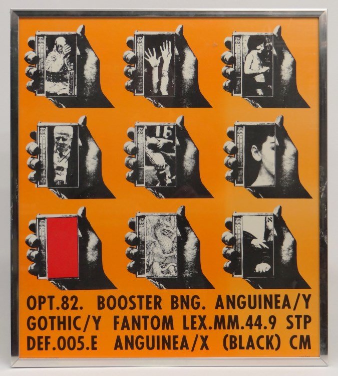 Wallace Berman Signed Poster: Wallace Berman numbered poster "OPT.82. BOOSTER BNG. ANGUINEA/Y GOTHIC/Y FANTOM LEX.MM.44.9 STP DEF.005 ANGUINEA/X (BLACK) CM", LLC "Published Topanga 1967 John Martin", hand numbered LRC "208/285". W