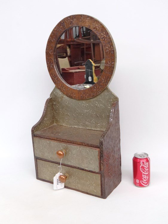 Dresser Mirror: Pressed tin two drawer dresser mirror. 13" x 6" x 27" Ht.