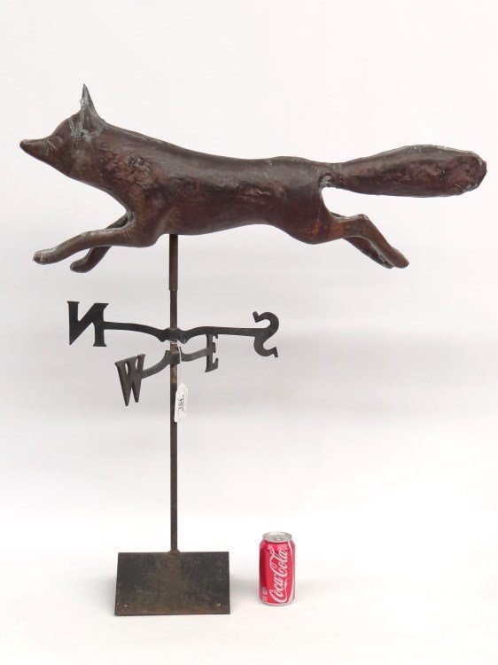 Fox Weathervane: Fox weathervane, signed and dated by maker "John Garret Thew, Norfolk, Conn. 1977 Fox No. 228". Includes directionals. 32" L. x 13 1/2" Ht.