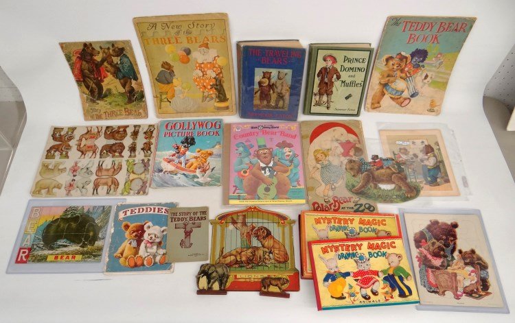Book Lot: Lot including book: "The Traveling Bears", book: "Prince Domino and Muffles", puzzles, games, ephemera etc.